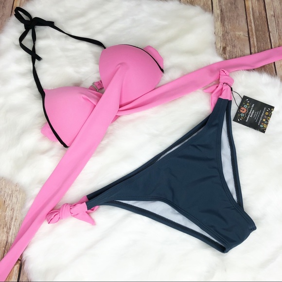 Bright Pink & Charcoal Gray Criss Cross Bikini - Picture 2 of 5